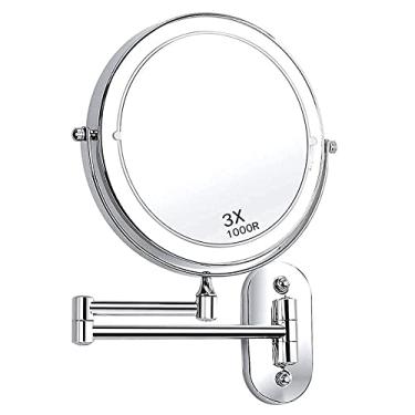Imagem de Espelho de maquiagem iluminado por LED de montagem na parede com ampliação de 5x, espelho de banheiro de LED de desligamento automático, giratório de 360° e extensível, alimentado por 4 pilhas AAA