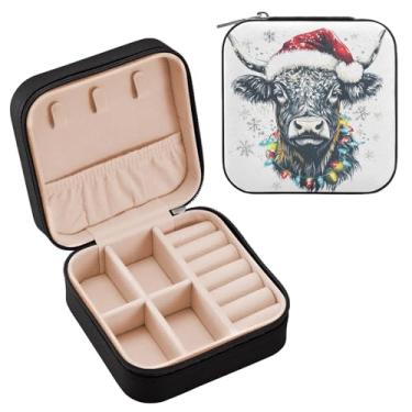 Imagem de Wassud Highland Cow Caixa de joias de viagem de Natal para mulheres, meninas, senhoras, noiva, mini organizador de joias de couro PU, caixa quadrada de armazenamento de joias para brincos, anéis