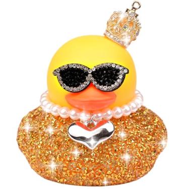 Imagem de CoFuBcad Ornamentos de carro de pato de borracha de strass grandes de 8,5 cm, decorações de painel de carro de patos de diamante brilhante com coroa de corrente de pérolas, óculos de sol, festa de