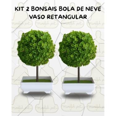 Imagem de Genérico, Kit 2 Bonsais Plantas Artificiais Modelo Bola de Neve Vaso Retangular Branco – Estilo Zen