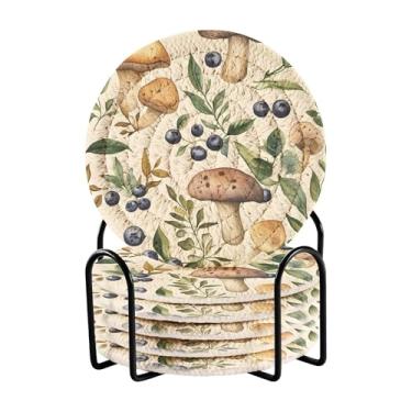 Imagem de SEHANY Conjunto de 6 porta-copos de cogumelos florestais com suporte, porta-copos redondos absorventes de algodão resistente ao calor para mesa de jantar, canecas de café, 10 cm