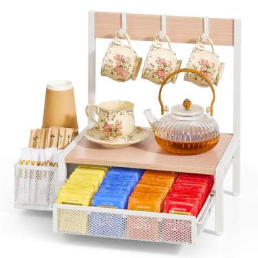 Imagem de DGWJSU Organizador de saquinhos de chá, organizador de chá de madeira e bucha de armazenamento, suporte de saquinho de chá com gaveta de armazenamento, 4 ganchos para suporte de xícaras de chá, caixa