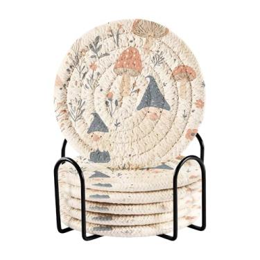 Imagem de SEHANY Conjunto de 6 porta-copos de cogumelos florestais com suporte, porta-copos redondos absorventes de algodão resistente ao calor para mesa de jantar, canecas de café, 10 cm