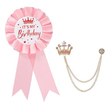 Imagem de PATIKIL Broche de aniversário MY Birthday com fita de cetim e broche de corrente pendurada na coroa para decoração de festa de aniversário, One Size, Liga de aço, Sem Pedra Preciosa
