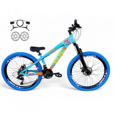 Imagem de Bicicleta Aro 26 Vikingx Tuff Freio Hidráulico 21v Freeride Rodas Vmaxx Suspensão Pneu Flame Azul-Laranja X25