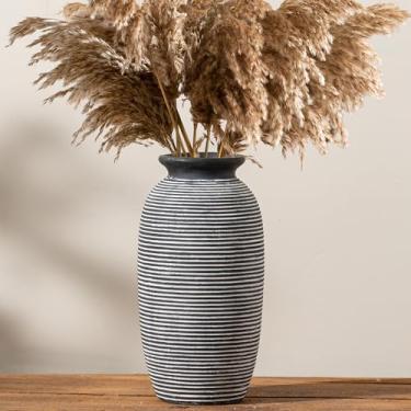 Imagem de Vaso rústico de cerâmica, vasos de flores grandes para casa de fazenda, decoração de casa, 32 cm de altura, vaso decorativo de pampas para mesa, sala de estar, entrada, cornija, estante de livros