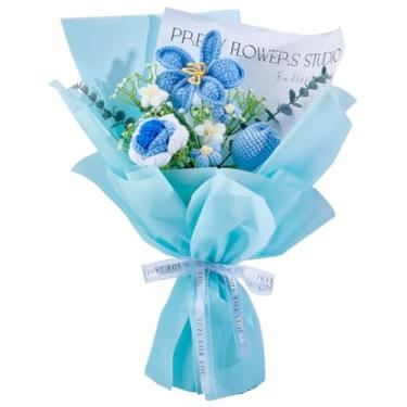 Imagem de INFUNLY Buquês de flores de crochê, tulipa azul, rosa, crochê, floral, feito à mão, flores artificiais com acabamento para mulheres, meninas, presentes para o dia das mães, aniversário, casamento