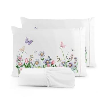 Imagem de Kit Jogo de Lençol Micropercal 400 Fios Ponto Palito Fronha Estampada(Borboleta - Lençol Branco,Casal King 03 Peças)
