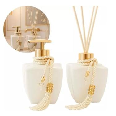 Imagem de Kit Vidros Banheiro Luxo Branco Porta Sabonete E Difusor (Dourado)