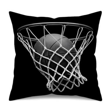 Imagem de HYJ Capa de almofada preta de basquete 45,7 x 45,7 cm, capa de almofada dupla face de linho branco para decoração de quarto de jogos, fronha quadrada decorativa esportiva popular
