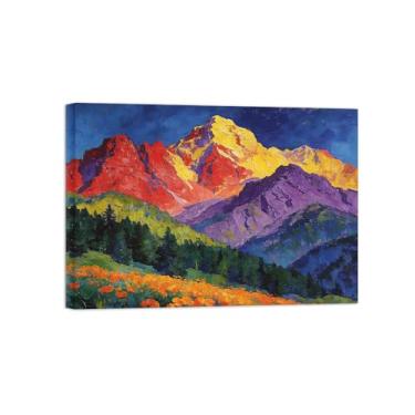Imagem de BMZFYBS Tela de paisagem de arte de parede - flores coloridas da montanha - impressão de pintura de decoração moderna - impressões para sala de estar pronta para pendurar tela embrulhada 80 x 115 cm