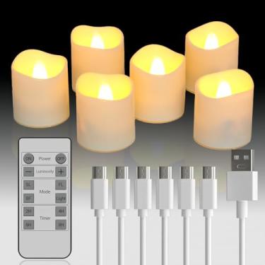 Imagem de Elecphbo Pacote com 6 luzes de chá cintilantes sem chama com controle remoto de 12 teclas, velas de carregamento de LED brancas quentes com temporizador e regulador, velas decorativas operadas por