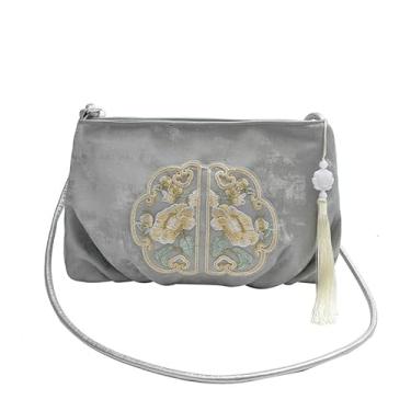 Imagem de Bolsa tiracolo quadrada bordada chinesa elegante bolsa de ombro, Cinza, Medium, Mochila casual