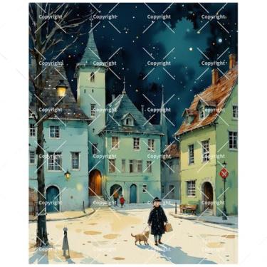 Imagem de Kit de pintura por números Night Town Walk para adultos - DIY menino com gato no inverno, pintura quadrada em tela, 40,6 x 50 cm, conjunto de tinta acrílica, adequado para iniciantes, arte peculiar