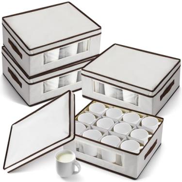 Imagem de Uiifan 4 peças de caixa de armazenamento de canecas com divisórias, 12 compartimentos para taças, caixa de armazenamento com tampa, alças, janela de PVC para movimento, bege