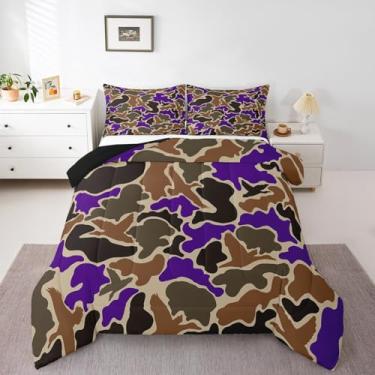 Imagem de Feelyou Conjunto de edredom de caçador de pato roxo, caçador, caça, tamanho casal, preto e marrom, camuflado, exército, respirável, selvagem, conjunto de edredom para decoração de quarto