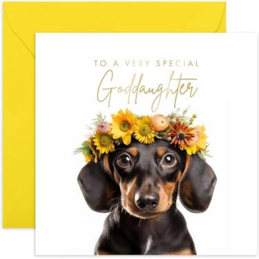 Imagem de Old English Co. Daschund Dog Cartão de afilhada muito especial - Daschund floral bonito cartão de aniversário para ela - Cartões de parabéns bonitos e bem feitos para afilhada de amigos da família |
