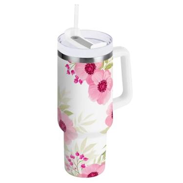 Imagem de ODAWA Copo isolado de aço inoxidável grande com alça e tampa de palha, flores rosa branco copo de café de viagem