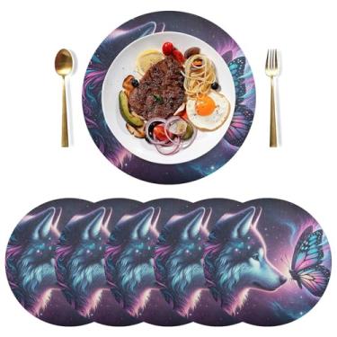 Imagem de Conjunto de tapetes de prato de PVC durável Wolf Butterfly Galaxy 38 cm, jogo americano resistente ao calor para mesas redondas