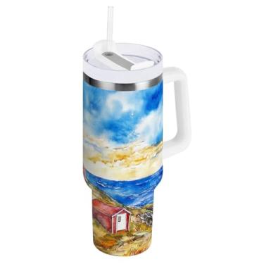 Imagem de ODAWA Copos de copo azul farol grande com alça e tampa de palha, copo de aço inoxidável isolado