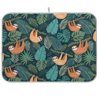 Imagem de Sloths Tapete de secagem de pratos verde tropical, 45 cm x 61 cm, microfibra para café, tapete reversível para escorredor de pratos, tapete de bancada de cozinha