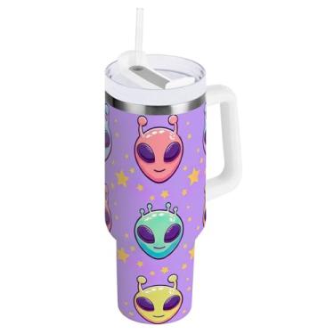 Imagem de ODAWA Garrafa de água grande com isolamento pastel alienígena com tampa e canudo, copos de aço inoxidável isolados com tampa 2 em 1