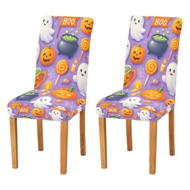 Imagem de Wassud Lindas capas de cadeira de Halloween Boo para sala de jantar, capa de cadeira elástica de cozinha, conjunto de 2 protetores de assento laváveis