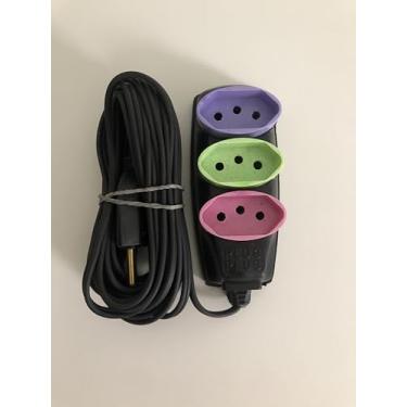 Imagem de Extensão Elétrica com 3 Tomadas Coloridas, Cabo Preto, Roxo Verde e Rosa