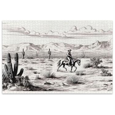Imagem de Quebra-cabeça de cowboy montando cavalo cactos paisagem 500 peças para adultos presentes para amantes de quebra-cabeças, quebra-cabeças exclusivos para adultos, pintura de brinquedos artísticos