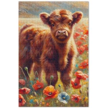 Imagem de Quebra-cabeça de jardim com flores de papoula de vaca Highland 1000 peças para adultos, pintura animal, divertido, brinquedo adulto, quebra-cabeça, 75 x 40 cm