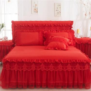 Imagem de Conjunto de saia de cama estilo princesa, fronhas, colcha e lençol rosa para menina, capa de cama vermelha, 180x220cm