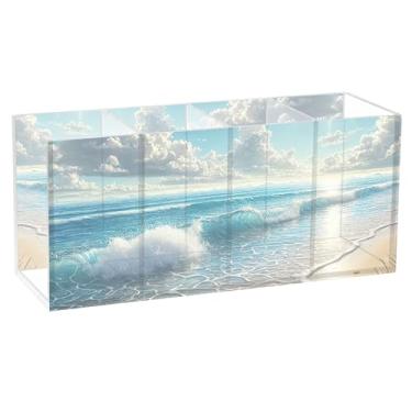 Imagem de TSENQUE Paisagem do céu colorido litorâneo acrílico bonito suporte de lápis para mesa copos de lápis personalizados organizador de artigos de papelaria arte de escritório escritório estética