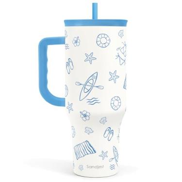 Imagem de SANDJEST Copo de praia de 1,134 g com alça e canudo, caneca de café de viagem de aço inoxidável isolado para mulheres meninas amantes da praia, ideia de presente para aniversário, Natal, dia das mães
