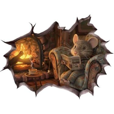 Imagem de Adesivos 3D fofos para decoração de parede com buraco de mouse, sentar em uma poltrona confortável, lendo jornais, decoração de quarto de mouse, sala de aula, quarto, estante