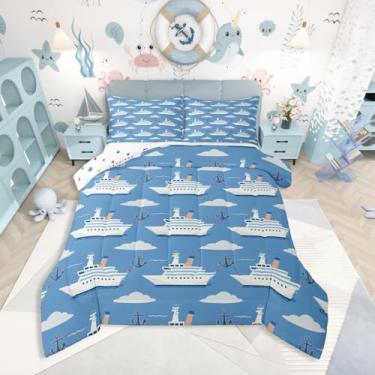 Imagem de Erosebridal Conjunto de edredom solteiro náutico náutico para meninos, navio oceânico, âncora de barco, céu azul nuvem branca náutico para quarto de crianças, adolescentes e homens, 2 peças