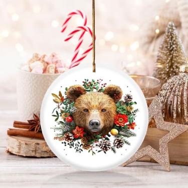 Imagem de Lembrança 1 pacote - cabeça de urso marrom + enfeite de porcelana redondo de arte de flor de Natal com cordões reforçados para casais, presentes românticos de aniversário de casamento, aniversário de