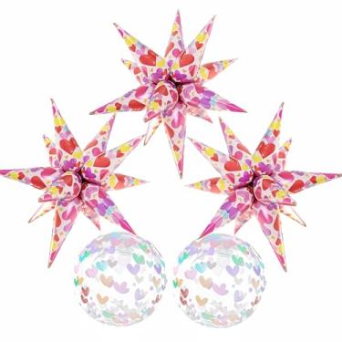 Imagem de 3 balões de coração de estrela vermelha de 81 cm, 2 balões transparentes cheios de coração de 50 cm, decoração colorida de amor para o dia dos namorados, casamento, chá de panela, aniversário e