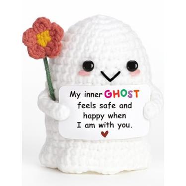 Imagem de Pelúcia de fantasma de crochê positiva – cesta assustadora de Halloween – Presente de amizade feito à mão para mulheres, presentes de aniversário para ela, amizade, presentes de aniversário para irmãs