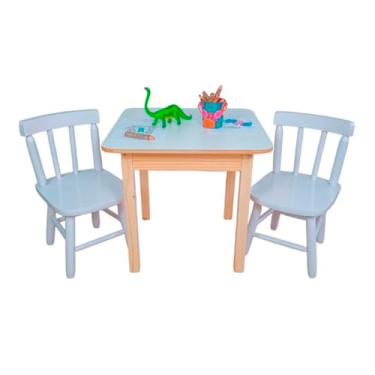Imagem de Conjunto Infantil Mesa e Cadeiras em Eucalipto, Mesa Natural 60x60cm com 2 Cadeiras Coloridas, Altura 55cm, para Desenho e Brincadeiras (Branco)