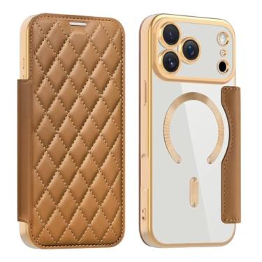 Imagem de SFDSUH Capa carteira de couro resistente a impactos para iPhone 15 com porta-cartões, carregamento sem fio e sistema magnético (para iPhone 15/marrom)