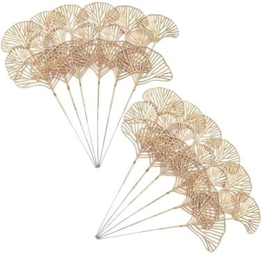 Imagem de Folhas de ginkgo douradas falsas e caules de 35,5 cm, pacote com 12, folhas artificiais de damasco dourado, haste de folha de damasco, arbustos, plantas falsas, decoração de simulação para decoração