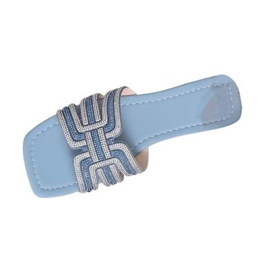 Imagem de Sandálias femininas modernas e casuais estilo verão cabeça quadrada cor sólida laço pano exterior desgaste exterior, Azul royal claro, 39