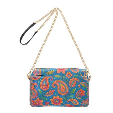 Imagem de Joitme Bolsas femininas transversais para celular bolsa de ombro de couro PU alça de corrente colorida Paisley floral azul