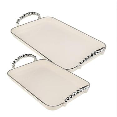 Imagem de Bandeja Organizadora Alça Cantinho do Café Multiuso Resistente Decorativa Casa Cozinha Mesa Posta, Ideal para Servir Petiscos e Decoração de Mesa Brasileira(KIT 2 PRATA LEITOSA)