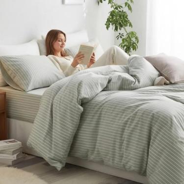 Imagem de CCoutueChen Conjunto de capa de edredom queen listrado 100% algodão lavado, listras largas verdes brancas sálvia, textura de linho, roupa de cama macia respirável durável 3 peças (sem edredom)