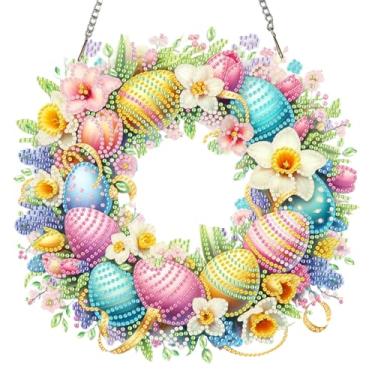Imagem de SHLUHA Kits de arte de diamante de Páscoa para adultos, design de ovo de Páscoa, formato especial, pingente de acrílico para pendurar com corrente, decoração de janela de porta de casa (LG30