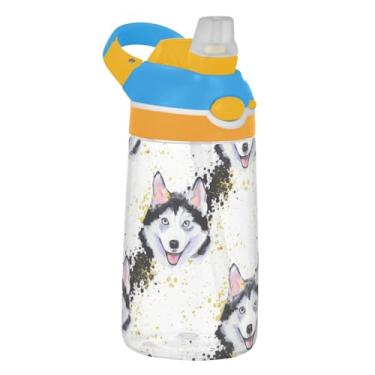 Imagem de Garrafa de água infantil Tritan de 473 ml, à prova de vazamento, garrafa de água esportiva de 473 ml com canudo reutilizável, copos de viagem para crianças, alça de transporte, lindo cachorro Husky em