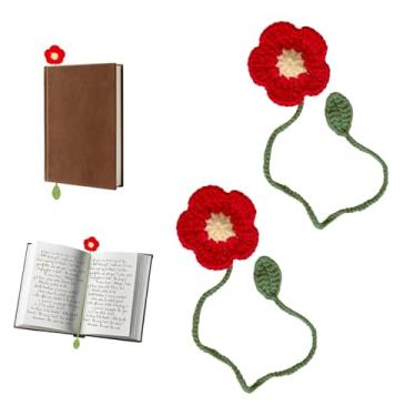 Imagem de vinsiora Conjunto de 2 marcadores de página florais vermelhos feitos à mão com haste e folha para amantes de livros, acessórios de leitura (flor vermelha)