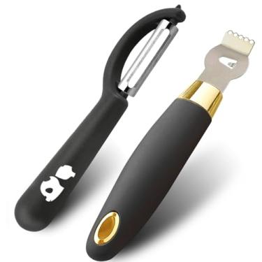 Imagem de HAMOER Descascador De Legumes, Cítricos, Limão, Frutas, Batatas, Zester, Conjunto Facas E Canetas Para Cozinha Bar, Lâmina Aço Inoxidável, Design Ergonômico, Cabo Curvo, Preto Dourado