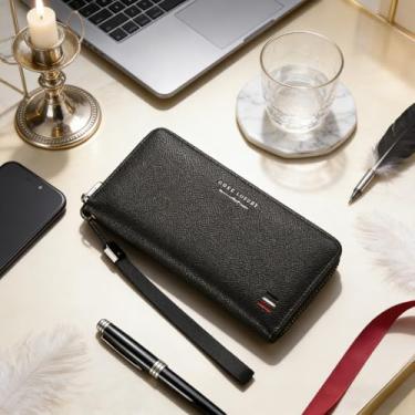 Imagem de Carteira masculina de negócios, marrom escuro, fivela longa, de couro liso brilhante, design longo com fivela, couro liso brilhante e organização com vários cartões